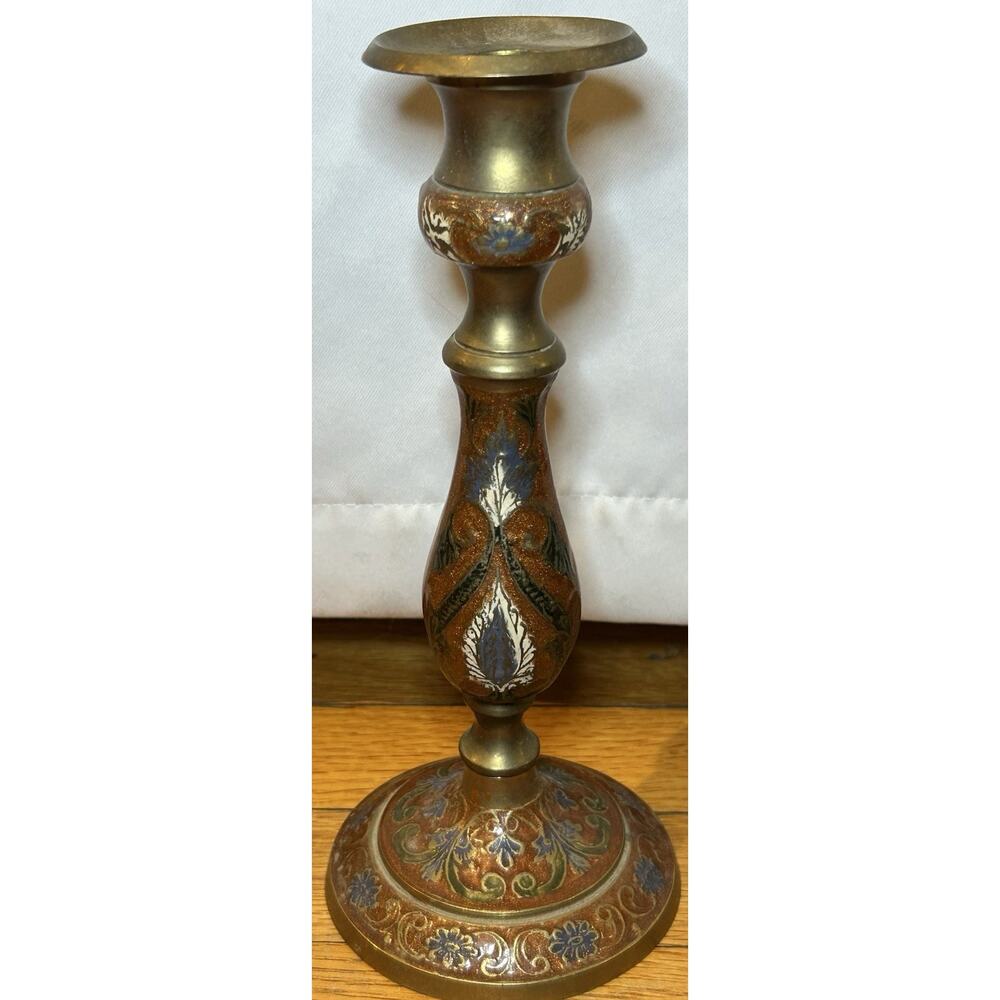 Vintage 70s Brass and Enamel Candle Holder